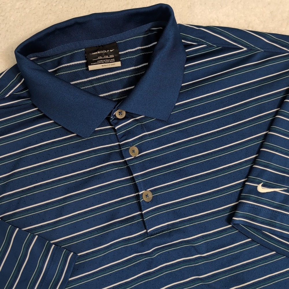Nike Golf FitDry Polo Blue White Green Stripe Moisture Wicking Men's 2XL